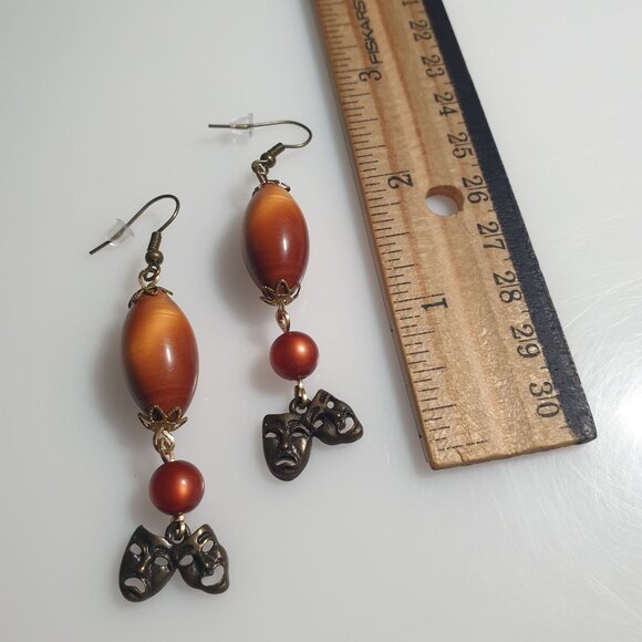 Handmade By Donovan Theater Comedy Tragedy Mask Dangle Earrings Beaded Art Deco - Picture 5 of 5